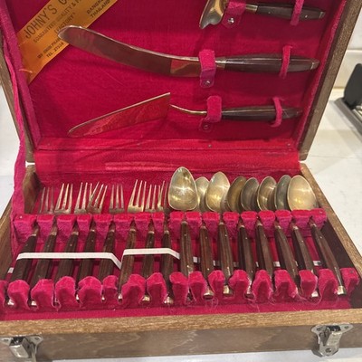 Vintage 1960 s Jewelers 19 Piece Brassware And Teak dessert set.