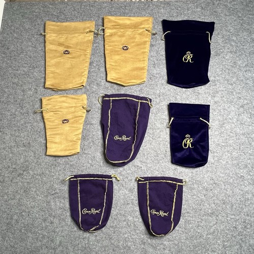 Lot of 8 Crown Royal Drawstring Bags Pouches Bottle Storage Purple Tan