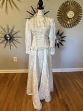 VTG Wedding Dress XS/S Ivory Satin Brocade Victorian Inspired READ