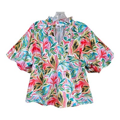 THML Women's S Blouse Tropical Multicolor Floral Puff Sleeve Resort 36''
