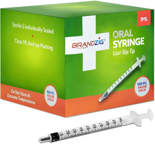 1Ml Oral Syringe 100 Pack Luer Slip Tip No Nedle Sterile Individually Blister..