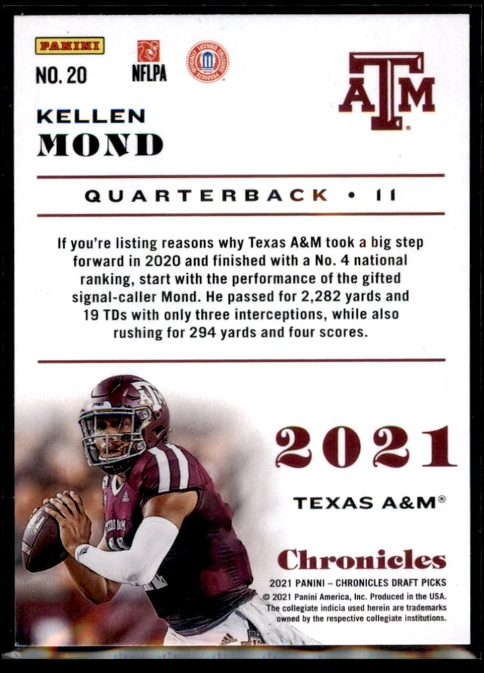 2021 Panini Chronicles Draft Picks Kellen Mond Texas A&M Aggies #20 - Image 2 of 2