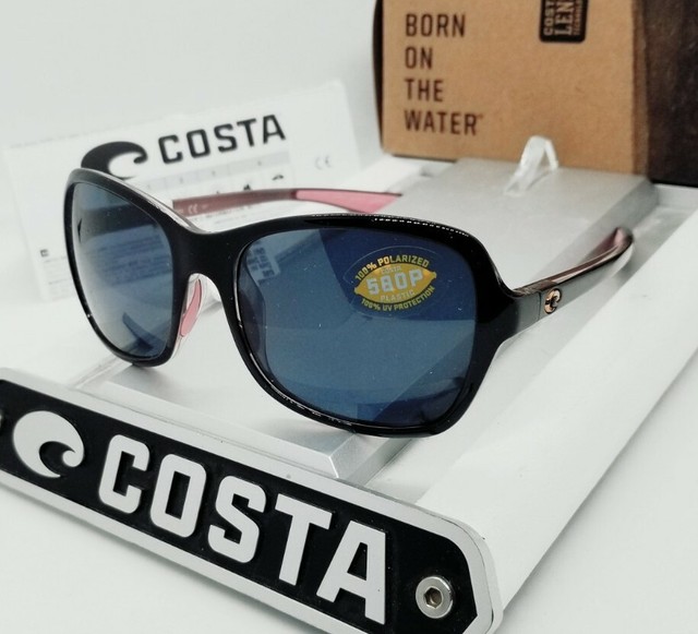 Costa Del Mar KAR132OGP Women Square Sunglasses with Shiny Black Hibiscus Frame and Gray 