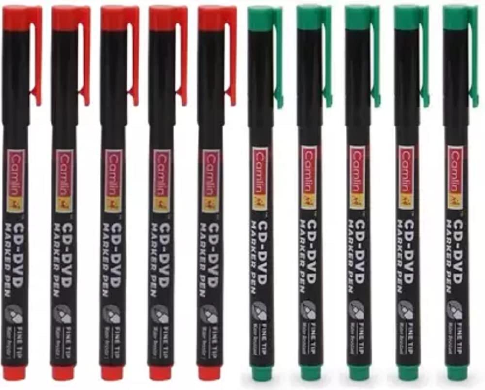 Camlin CD DVD Marker Pen (Set of 10, Red, Green) Polyacetyl Fine Tip