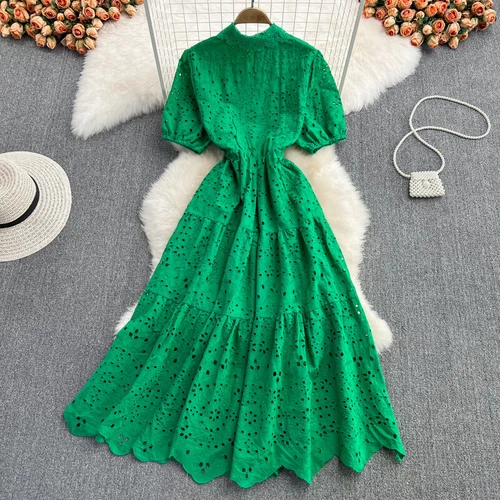 Mujeres Camisa Midi de Encaje Línea A Hueca Grande Swing Vestido Sólido Vacaciones de Verano - Imagen 8 de 25