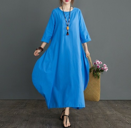 Lässiger lockerer Damen Maxi Kaftan Morgenmantel Baumwolle Leinen langes Kleid Sommer Übergröße - Bild 8 von 27