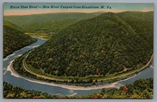 Vintage New River Canyon West Virginia Linen Postcard Horseshoe Bend  1437