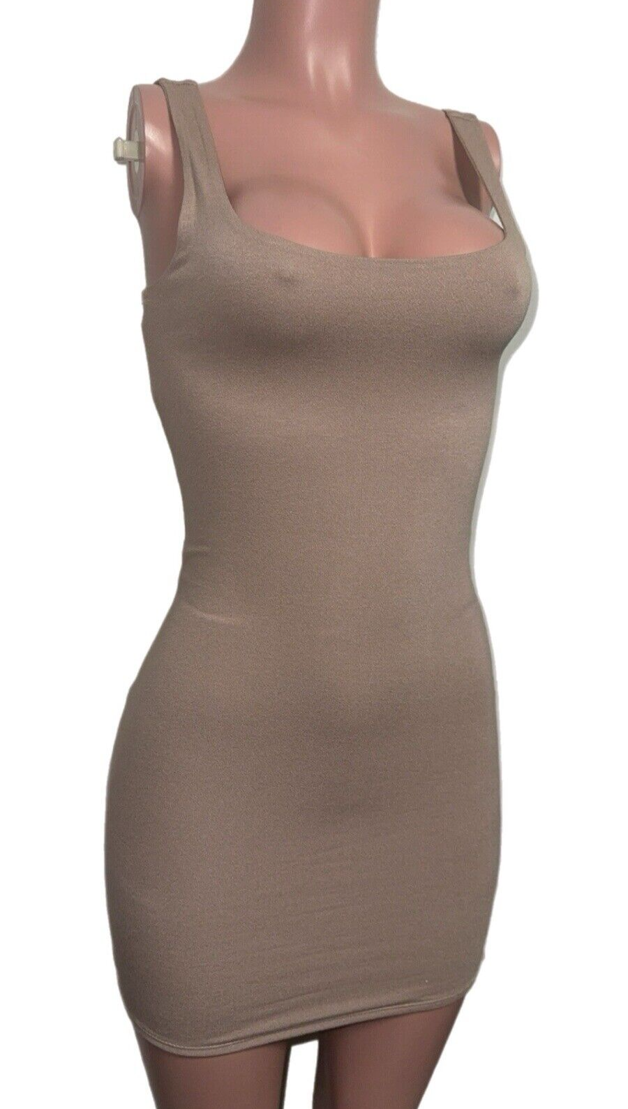 Naked Wardrobe Beige Double-Lined Stretch Bodycon Mini Dress for Casual or Party Chic-image