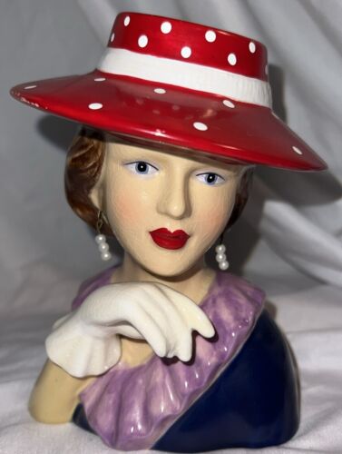 A Special Place Lady Head Vase Planter Pen Holder Polka Dot Hat Retro NWT - Picture 1 of 12
