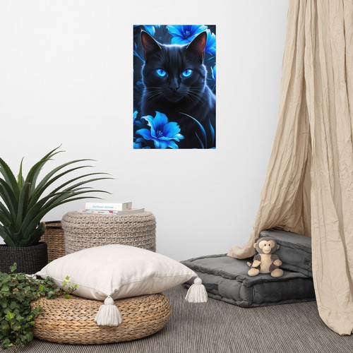 Floral Black Cat with Striking Blue Eyes Wall Art Poster Home Decor - 第 1/9 張圖片