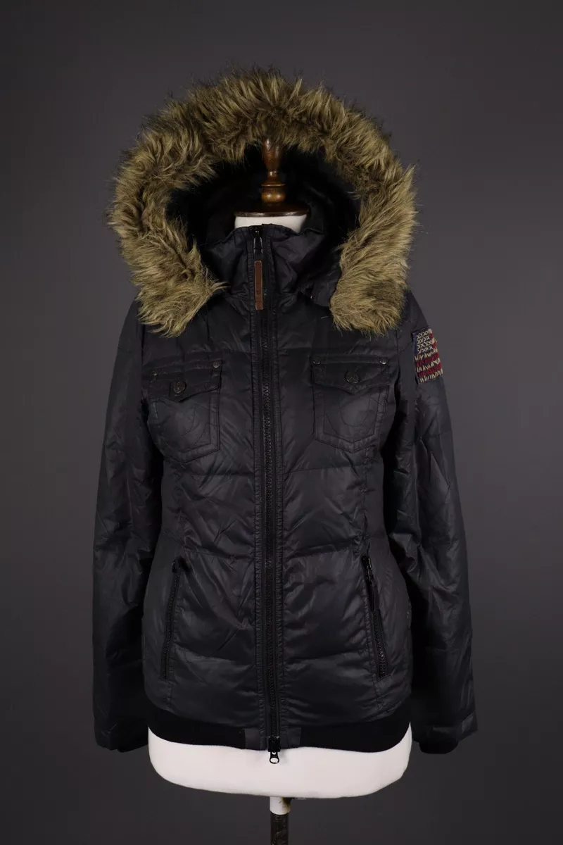 TRUE RELIGION Black Multipocket Full Zip Hooded Duck Down Jacket