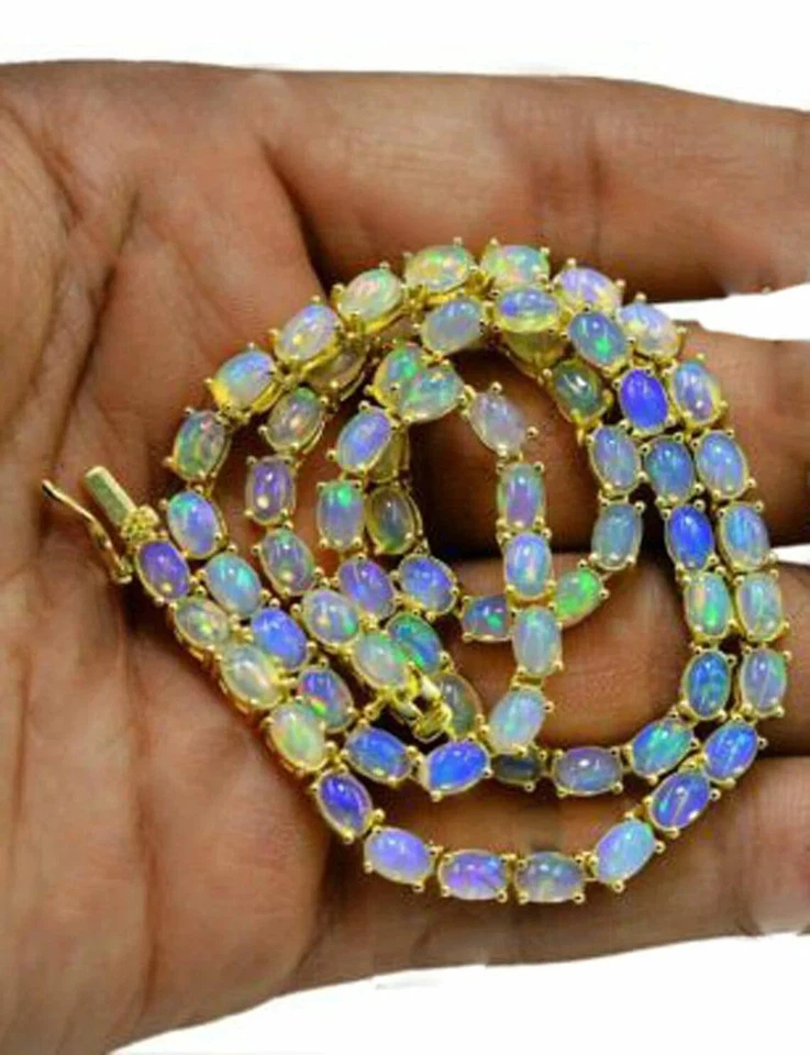 30Ct Lab-Created Ethiopian Fire Opal Tennis Necklace in 14K Yello Gold Over 925 - Image 4 of 4