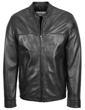 Mens Real Leather Casual Classic Zip Box Standing Collar Jacket Paul Black