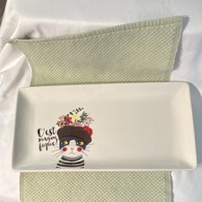 Magenta White Rectangular Platter/Tray 15”x7” French Cat with Floral Pattern 