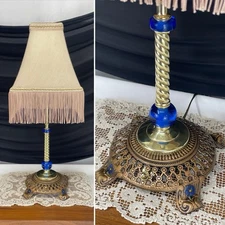 RESTORED Antique Vtg Brass Art Nouveau Deco Table Lamp Desk Boudoir, Blue Glass