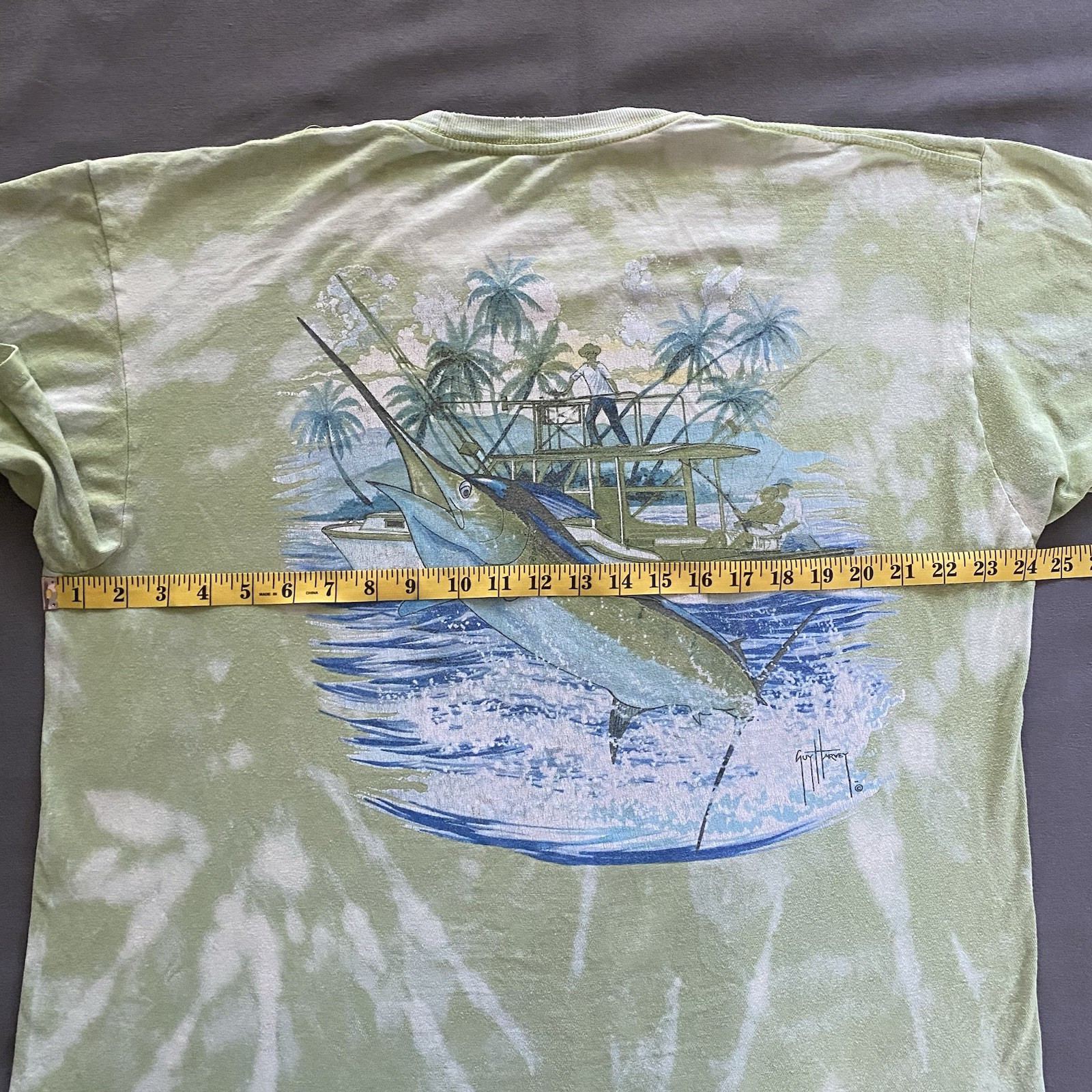 2010s Guy Harvey T Shirt Mens XL Light Green Bleach Dye Fish Fishing Marlin