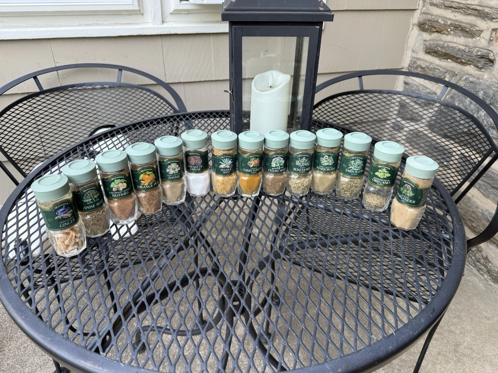 14 McCormick Spice Jars Green Lid Bottles Assorted Types no Duplications