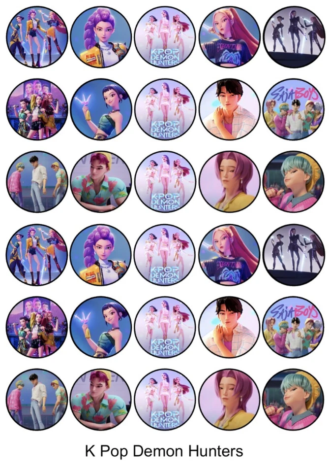 30 edible wafer paper cake toppers K Pop Demon Hunters 1.5inch/3.8cm