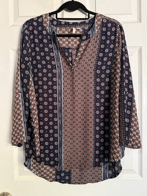 EST 1946 Women s Blouse Large Mixed Print Boho Floral Office Work Top Navy Red