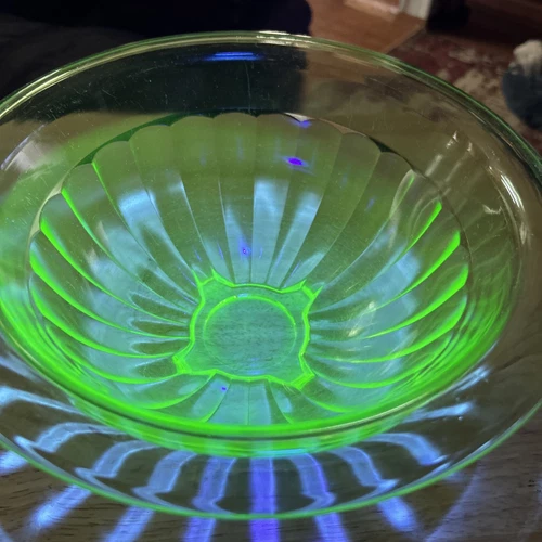 Uranium Depression Glass Green Bowl 11” X 5” Antique Vintage Hazel “Rest Well”