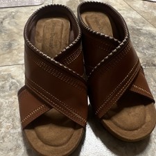 Pierre Dumas Brown Synthetic Open Toe Slip-On Mule Stitched Block Heel 7.5