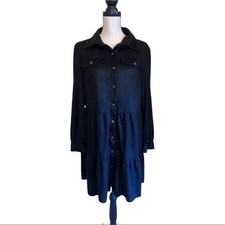 SHEIN Curve Dress Womens 1XL Black Button Down Tiered Long Sleeve Shirt Dress