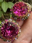 AUSTRIA signed multicolor halo Pink Rhinestone vintage Clip Earrings jewelry — photo 5