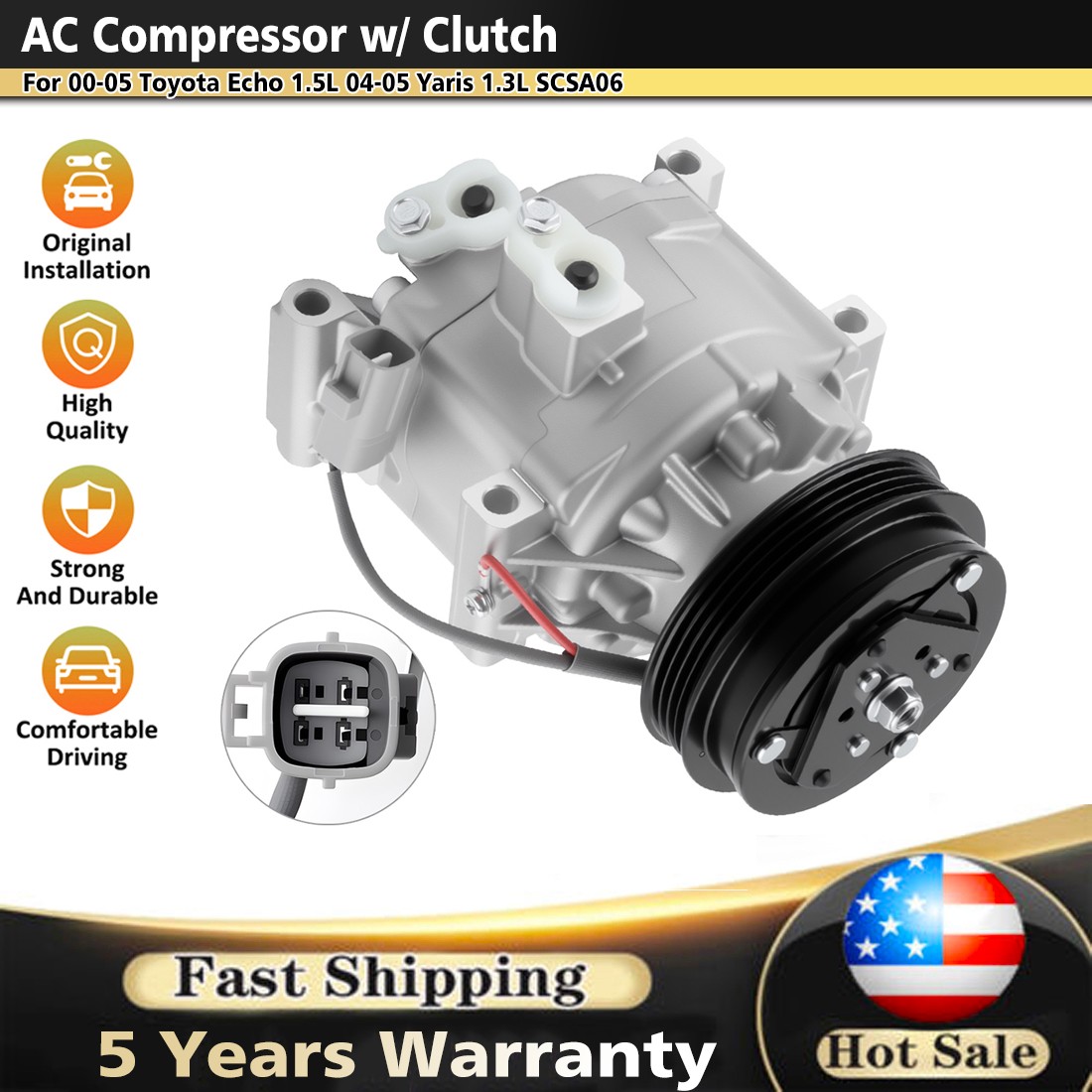 AC Compressor w/ Clutch Fits 00-05 Toyota Echo 1.5L 04-05 Yaris
