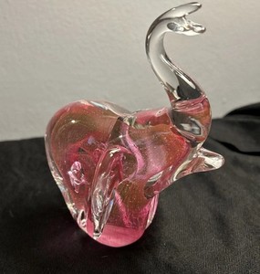 Pink Elephant Clear Glass with Pink Swirls Figurine with Bubbles and Trunk Up
