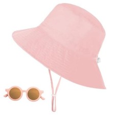 Baby Sun Hat with Sunglasses, UPF 50 Wide Brim Kids Bucket Hat with Small Pink