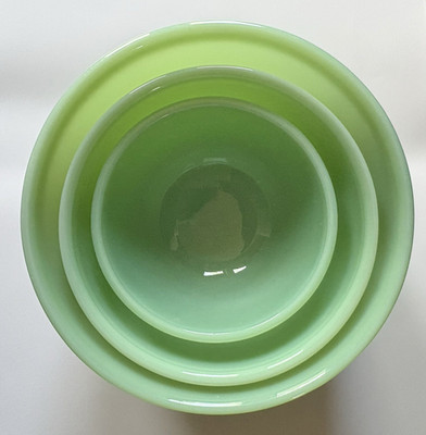 Fire-King Jadeite Green Milk Glass 3-Piece Stackable Nesting Bowl Set 7, 6, 5 in