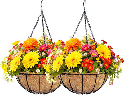 2 Pack 12 Inch Black Metal Hanging Basket Hanging Planter with Coco Coir Liner H