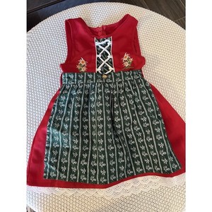 German Dirndl Dress Red Green Floral Embroidery Oktoberfest Size 98-104 Girl 3/4