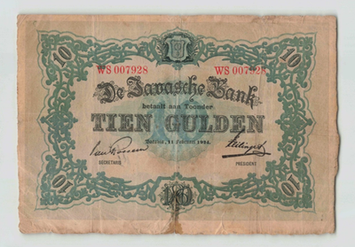 NETHERLANDS INDIES 10 Gulden 1924, P-53b, Original F/VF (Stain
