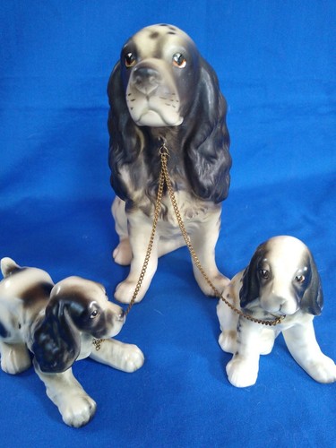 Vintage Lefton Cocker Spaniel Spaghetti Trimmed Dogs with Two Puppies on Leash - Picture 8 of 8
