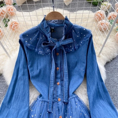 Damen Denim Rüschen Hemden Kleid Midi Langarm Netz Knopf Pailletten Klassisch - Bild 8 von 13