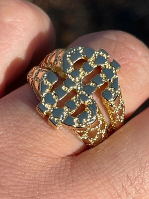Real 925 Sterling Silver & 14k Gold Plated Hip Hop Nugget Dollar Sign $ Ring CZ