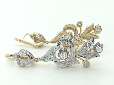 NEW HANDMADE 14K YELLOW GOLD & WHITE GOLD HANGING DIAMOND DROP LONG EARRINGS