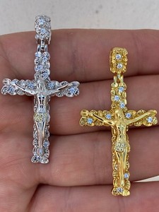 Authentic Solid 925 Sterling Silver CZ Nugget Cross Jesus on Crucifix Pendant Gold Plated