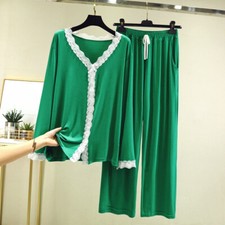 2pcs Lady Outfit Nightwear Pajama Set Lace Trim Sleepwear Top Pants Loungewear