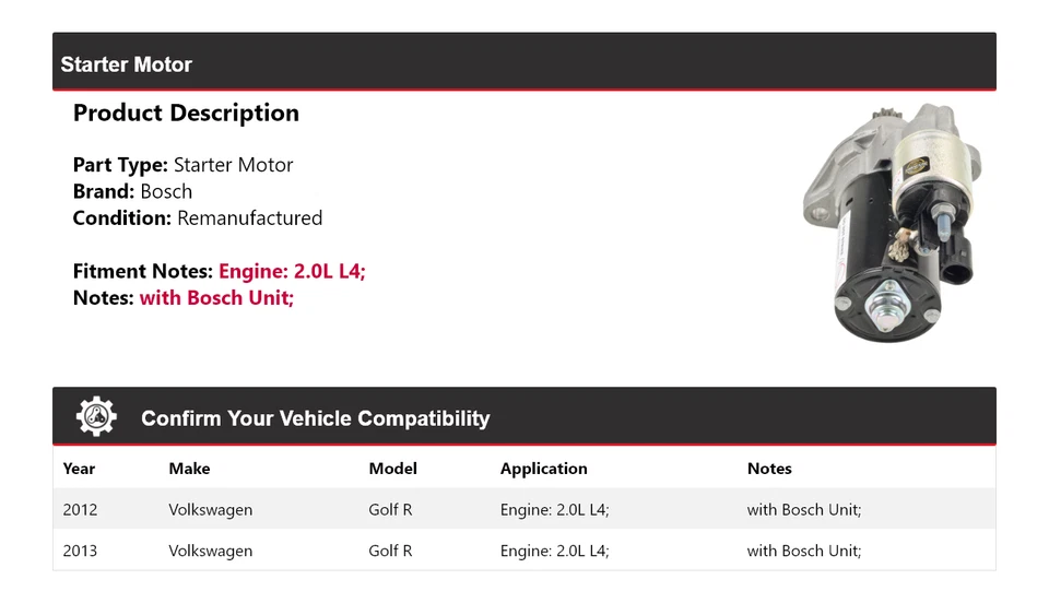 Arranque Bosch para Volkswagen Golf R 2012-2013 2,0 L L4 (remanufacturado) Foto 2 de 4