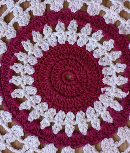 Doily 2 Vintage Handmade Crochet Table Mat Burgundy Cream 12" Mandala Boho Gift - Picture 3 of 9