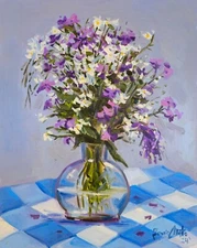 Floral oil Painting on board ,"Blue Pelargoniums" ,40cmx50cm, Signed