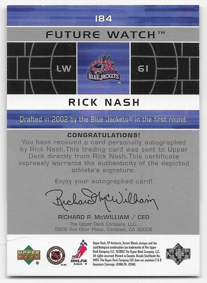 02/03 SP AUTHENTIC FUTURE WATCH AUTOGRAPH RC #184 Rick Nash #819/999 - Image 2 of 2