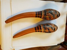 Pair of Vintage Handpainted Gourd Folk Art Maracas 9.5" 9" Animal Native Design