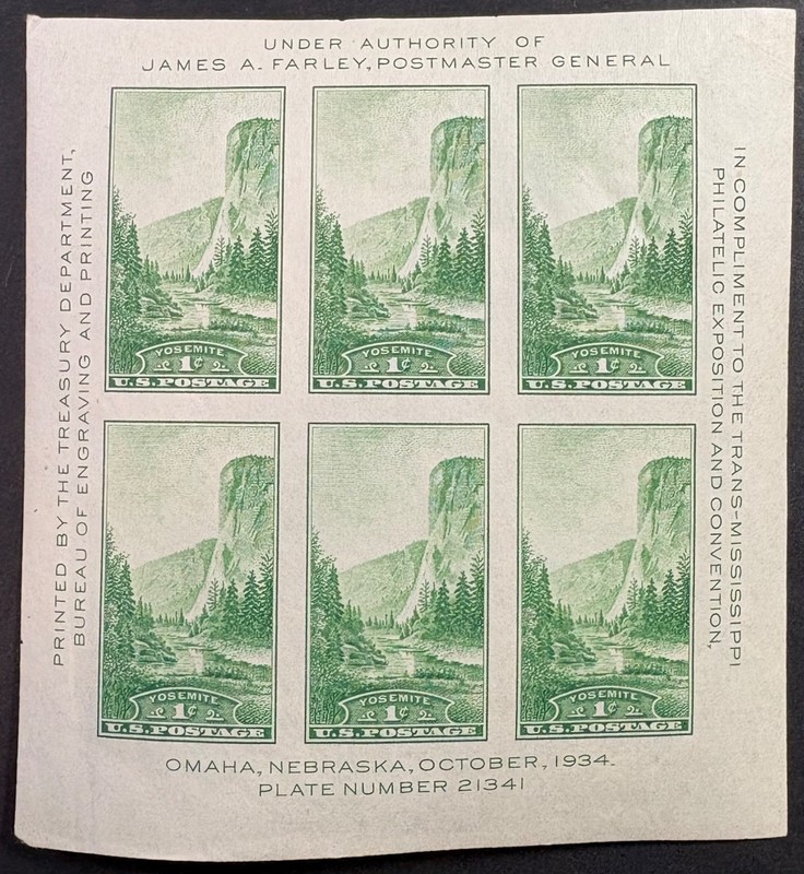 US National Park Souvenir Sheet Reprint Yosemite Scott#751, MLH w/gum skips F-VF