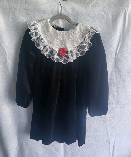 vintage rare editions black velvet dress 6x lace collar red rose