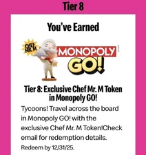 Chef Mr. M Token Monopoly GO! McDonald's Monopoly Perk Code Unused Digital Deliv