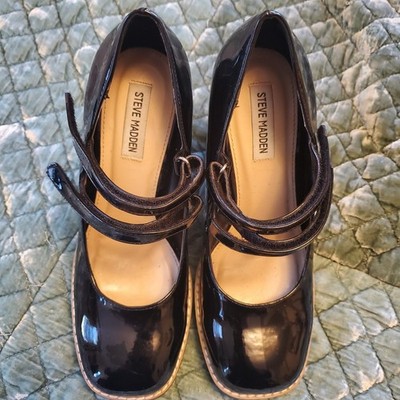 Steve Madden Black Strap Buckle Block Heel Square Toe Synthetic Pumps 10