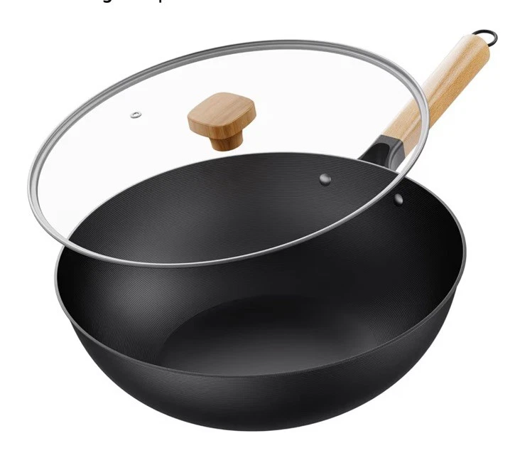 Jobin 32 cm/12.6-inch Wok Non Stick with Lid, Pre-Seasoned Chinese Carbon Steel